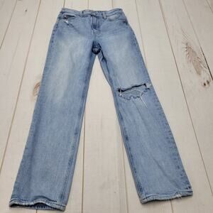 Paige Noella high rise relaxed straight leg jeans light wash ripped knee